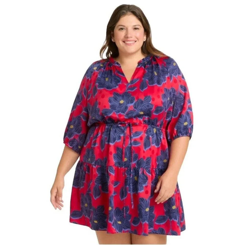 Draper James Martina Mini Dress‎ in Magnolia Jacquard Dot Size XXL Red Floral